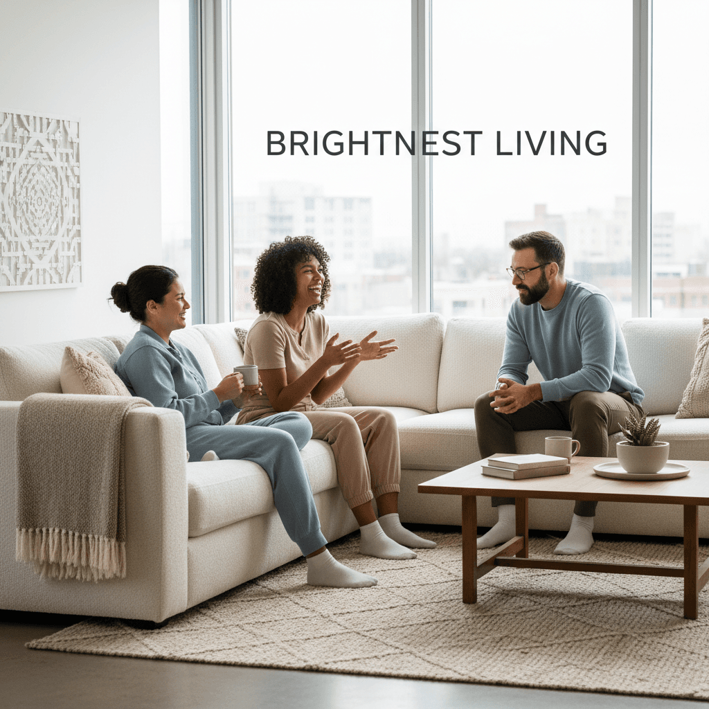 Three diverse adults conversing warmly in a bright, modern living room.