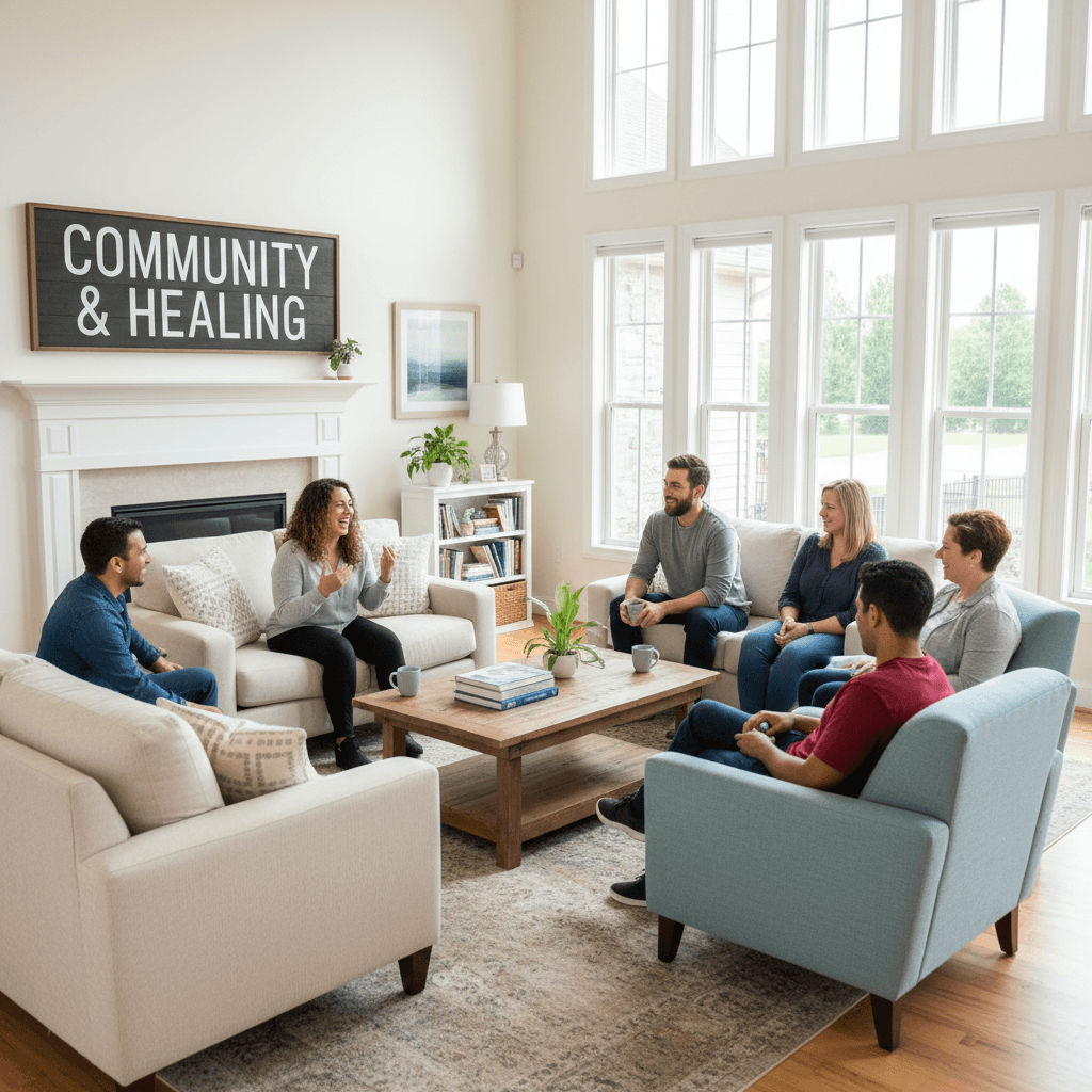 Residents relaxing in a bright, welcoming common living space with comfortable seating.